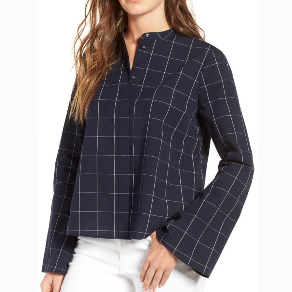 Madewell Blue Windowpane Bell Sleeve Blouse Shirt